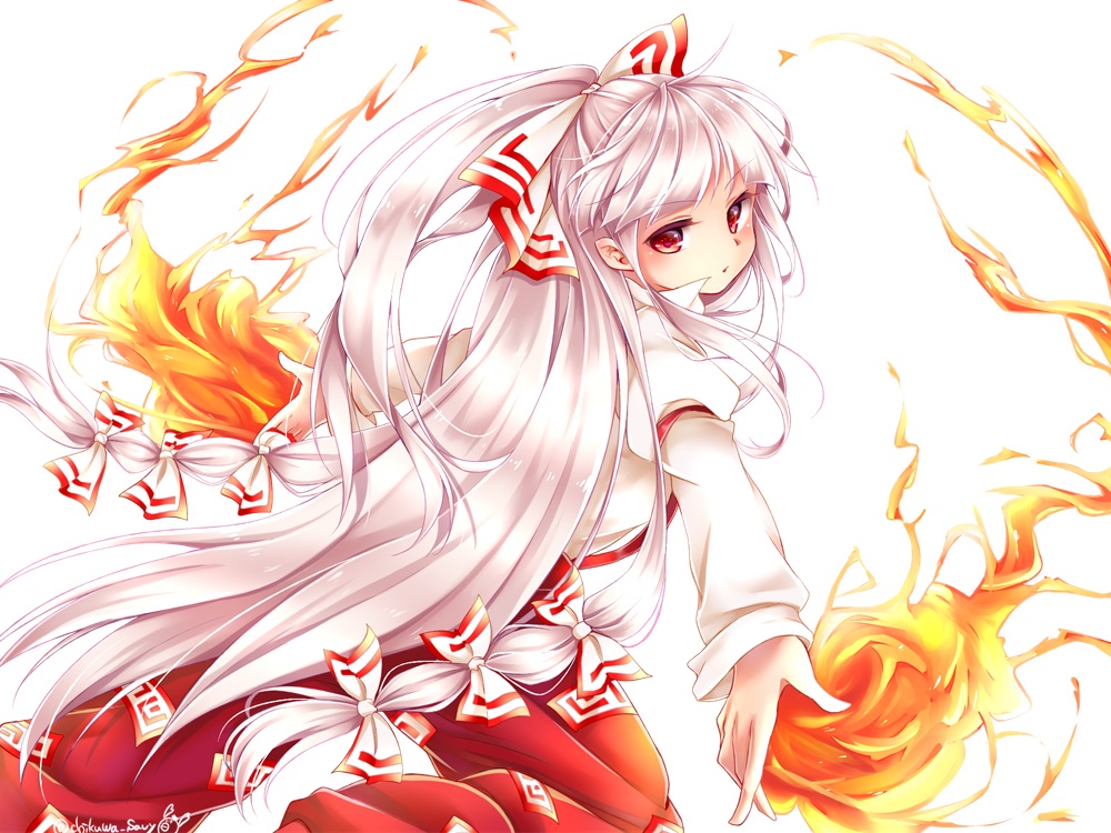 bow, chikuwa_savi, fire, fujiwara_no_mokou, gray_hair, long_hair, ofuda, red_eyes
