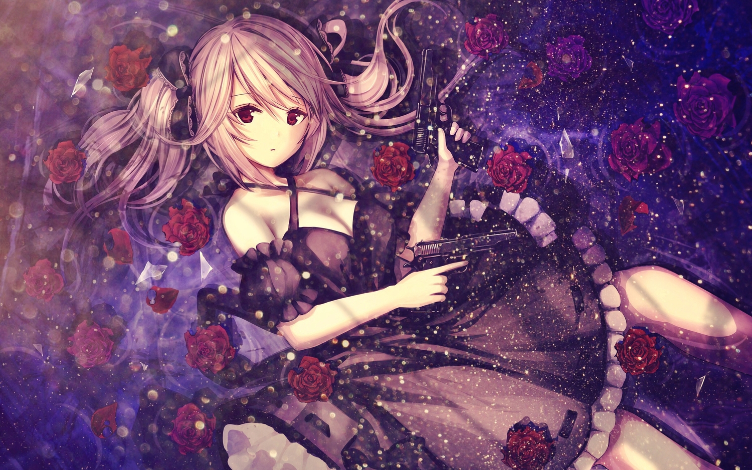 bow, catbell, dress, flowers, gun, jpeg_artifacts, long_hair, original
