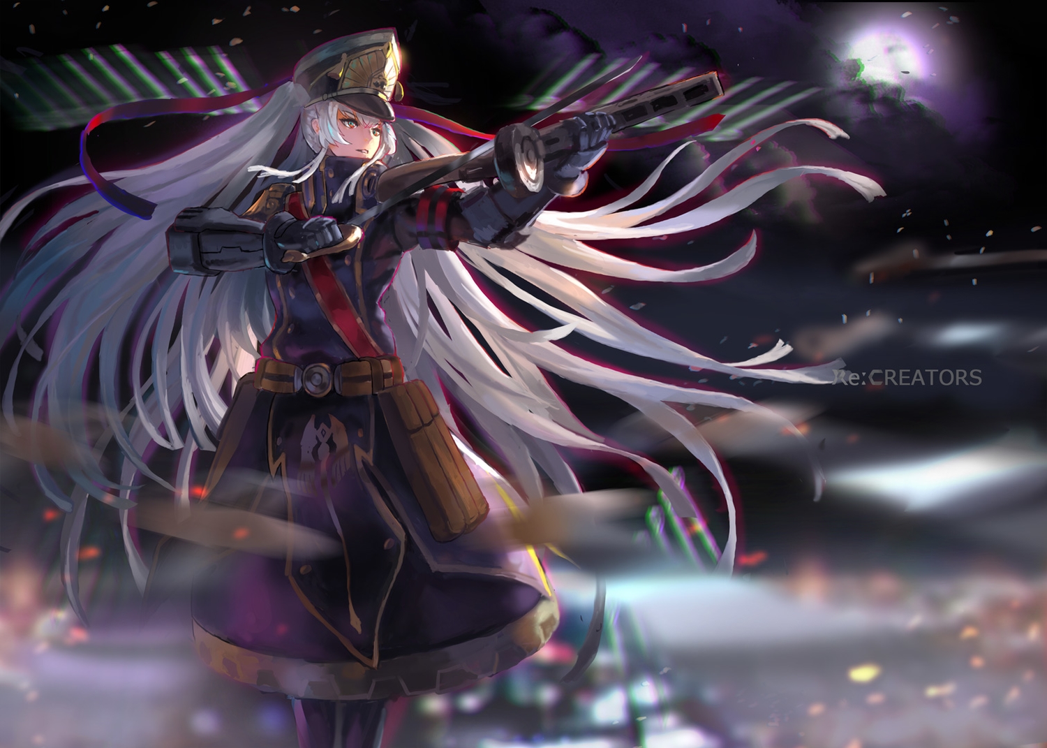 armor, denki, dress, gray_hair, gun, gunpuku_no_himegimi, hat, jpeg_artifacts