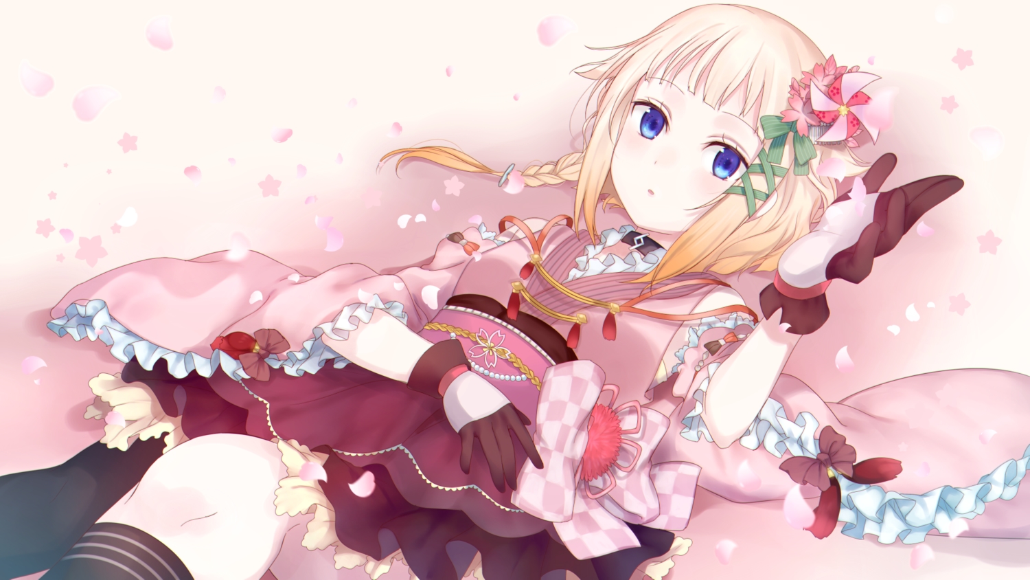 blonde_hair, blue_eyes, braids, cevio, gloves, japanese_clothes, kakizato, kneehighs, lolita_fashion, one_(cevio), petals, short_hair