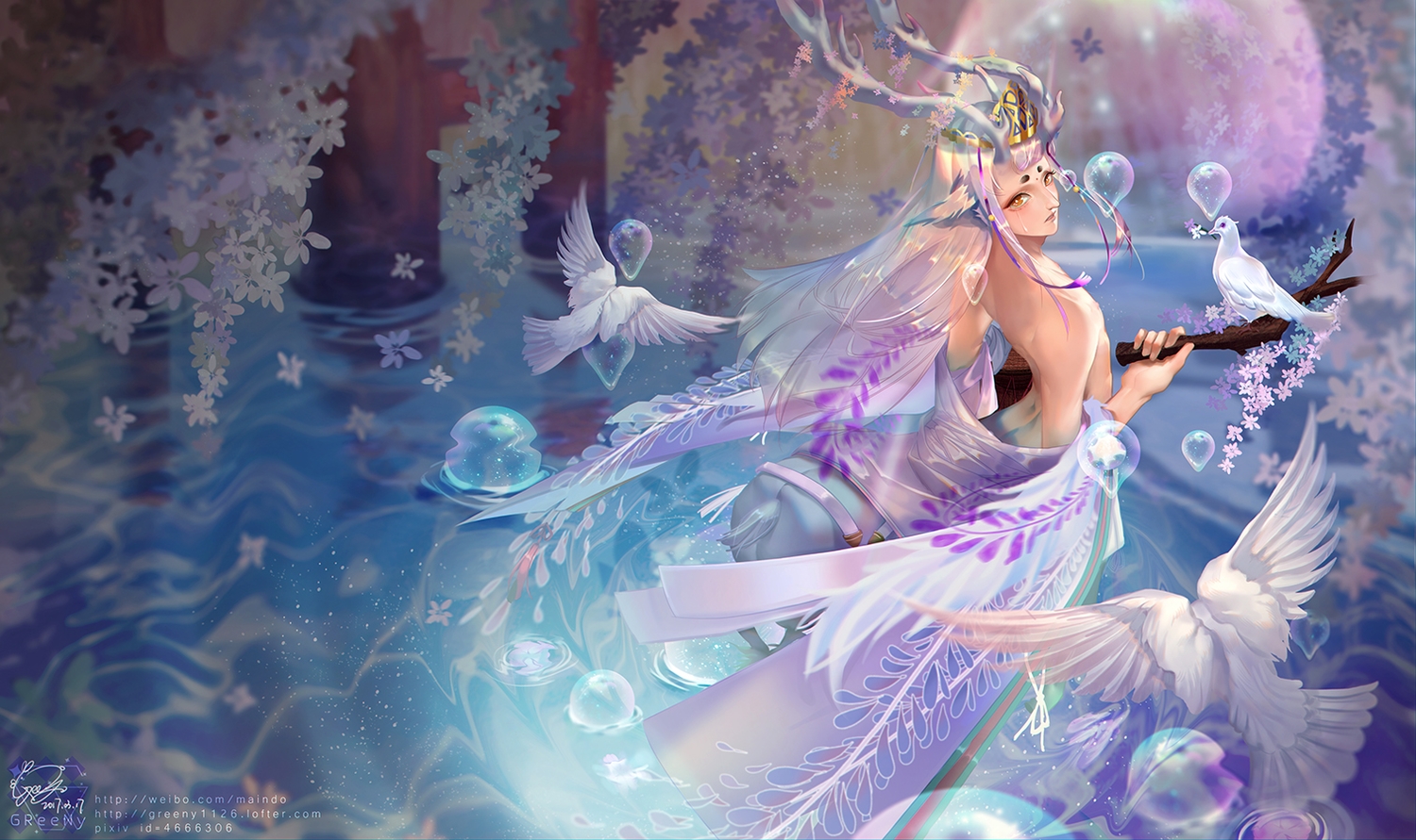 all_male, animal, bird, flowers, gray_hair, greeny_(maindo), horns, long_hair, male, nipples, onmyouji, shishio_(onmyouji), watermark, yellow_eyes