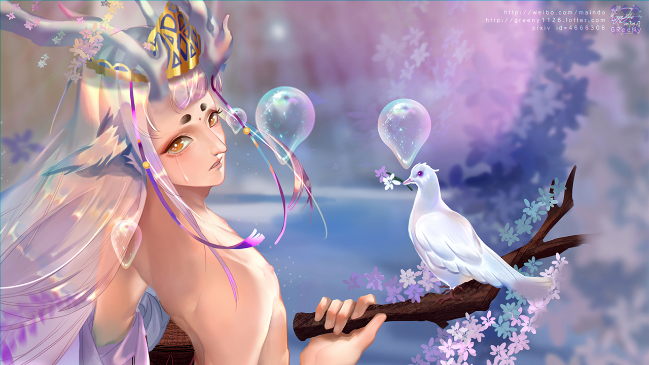 all_male, animal, bird, flowers, gray_hair, greeny_(maindo), horns, long_hair, male, nipples, onmyouji, shishio_(onmyouji), yellow_eyes