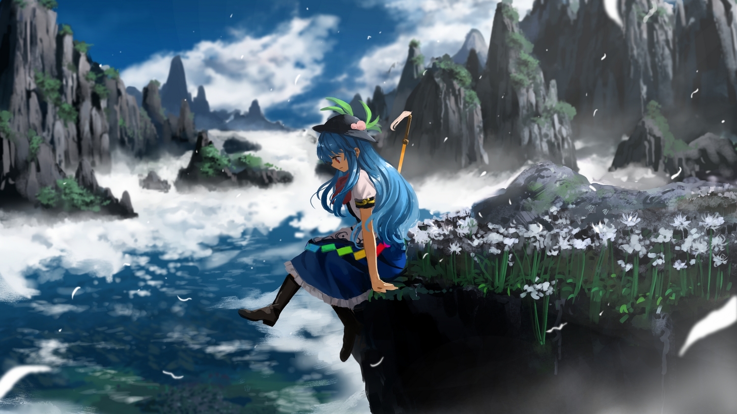 blue_hair, boots, brown_eyes, clouds, dress, flowers, hat, hinanawi_tenshi, long_hair, scenic, sky, suna_(s73d), sword, touhou, weapon