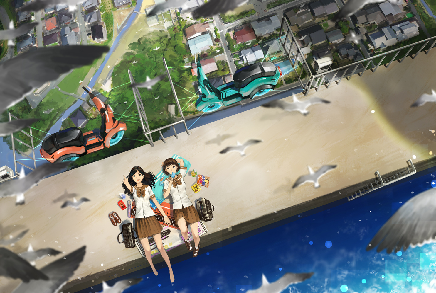 2girls, animal, barefoot, bird, black_hair, bow, brown_eyes, brown_hair