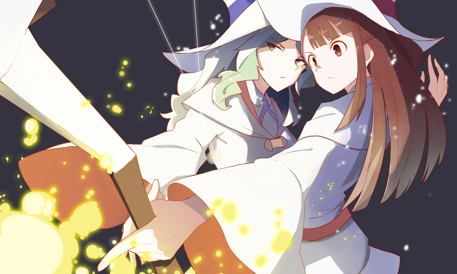 2girls, brown_eyes, brown_hair, diana_cavendish, green_hair, hat, kagari_atsuko, little_witch_academia