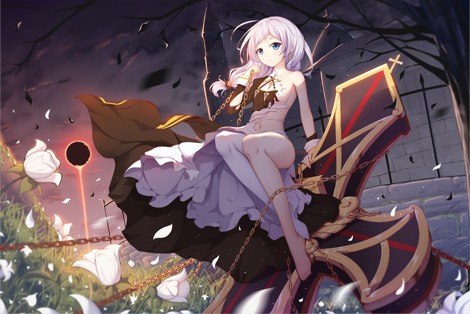 anthropomorphism, aqua_eyes, asa_ni_haru, barefoot, chain, cross, flowers, grass, honkai_impact, honkai_(series), long_hair, navel, petals, theresa_apocalypse, torn_clothes, tree
