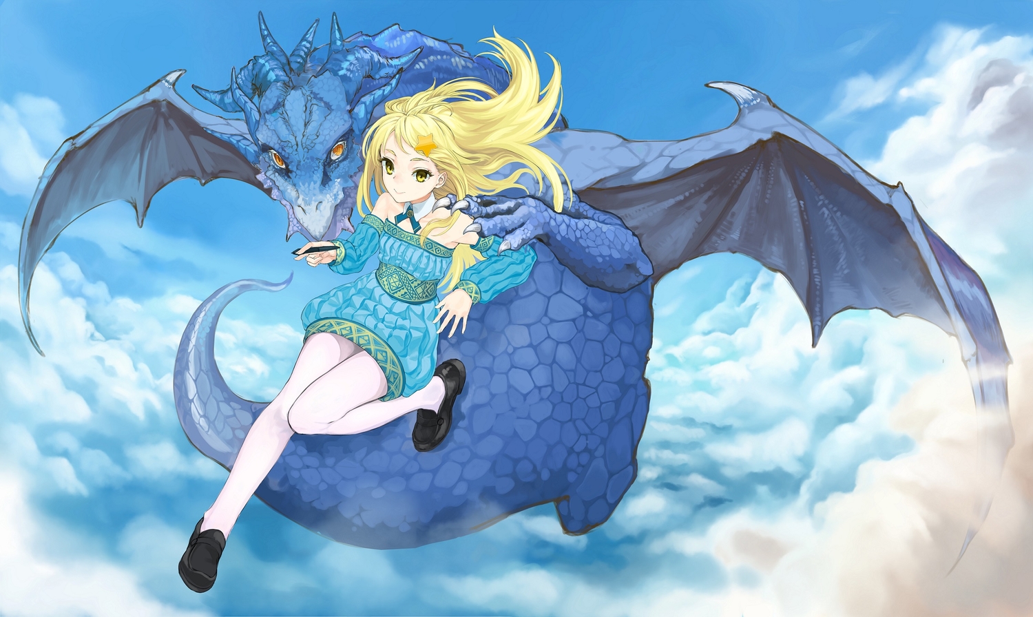 blonde_hair, clouds, dragon, dress, hatomugi_seika, long_hair, pantyhose, sky, yellow_eyes