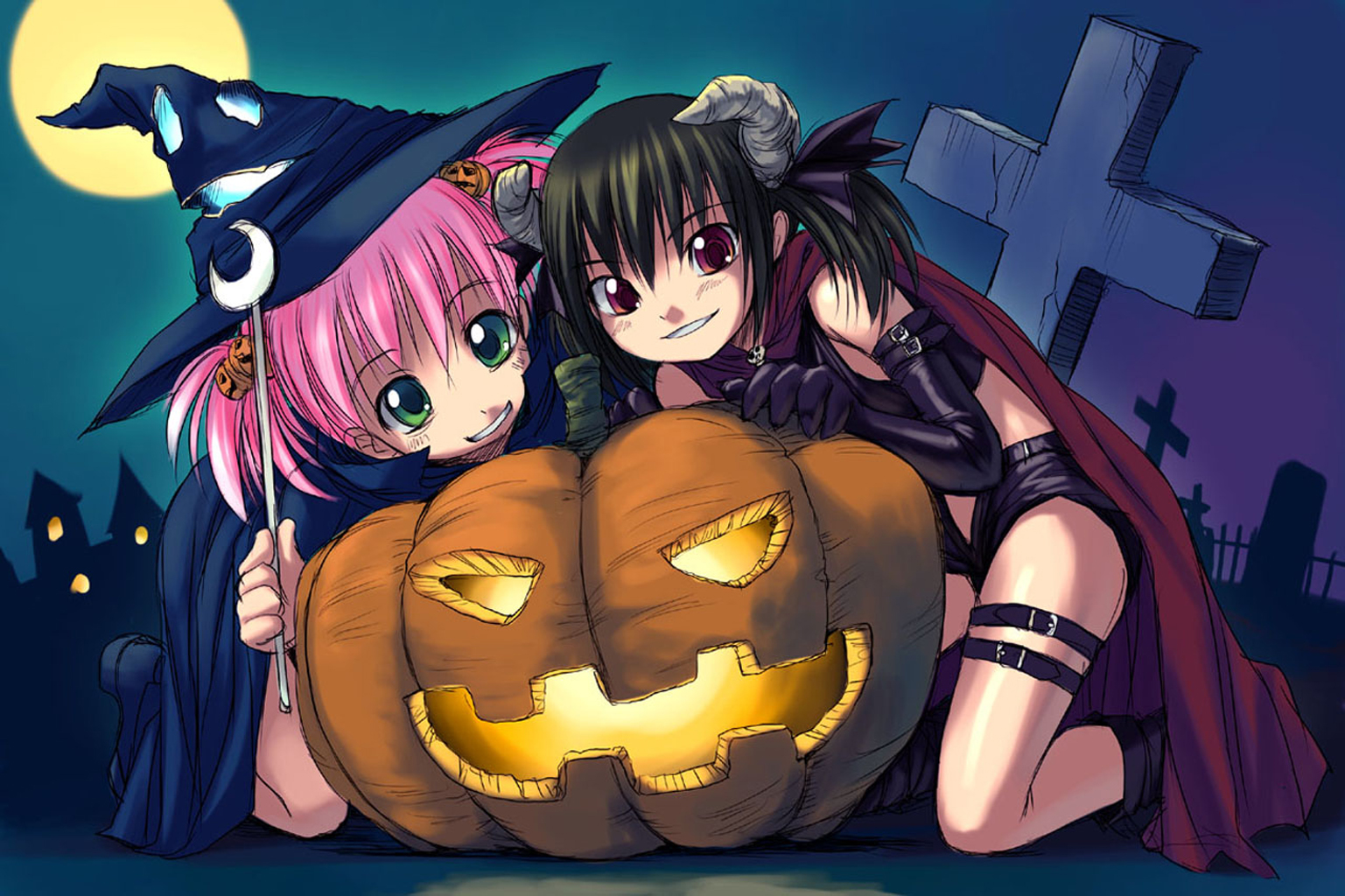 askray, demon, halloween, moe_(bosshi), pumpkin, witch, yu_(bosshi)