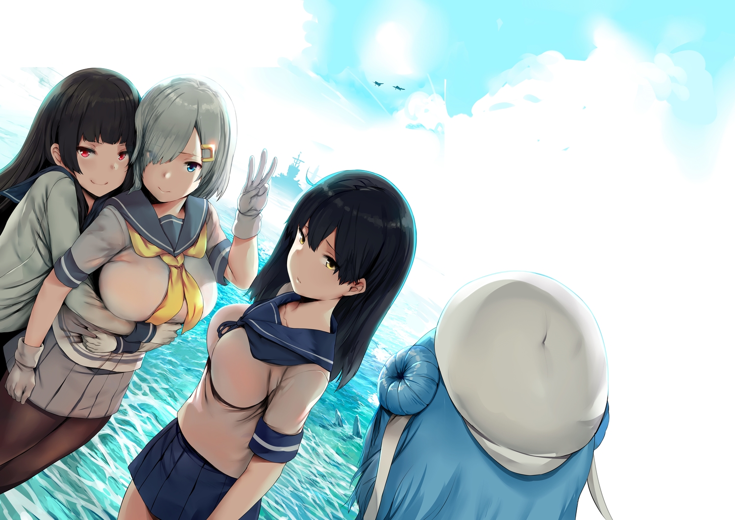 anthropomorphism, breasts, group, hamakaze_(kancolle), hewsack, hug, isokaze_(kancolle), kantai_collection, urakaze_(kancolle), ushio_(kancolle)