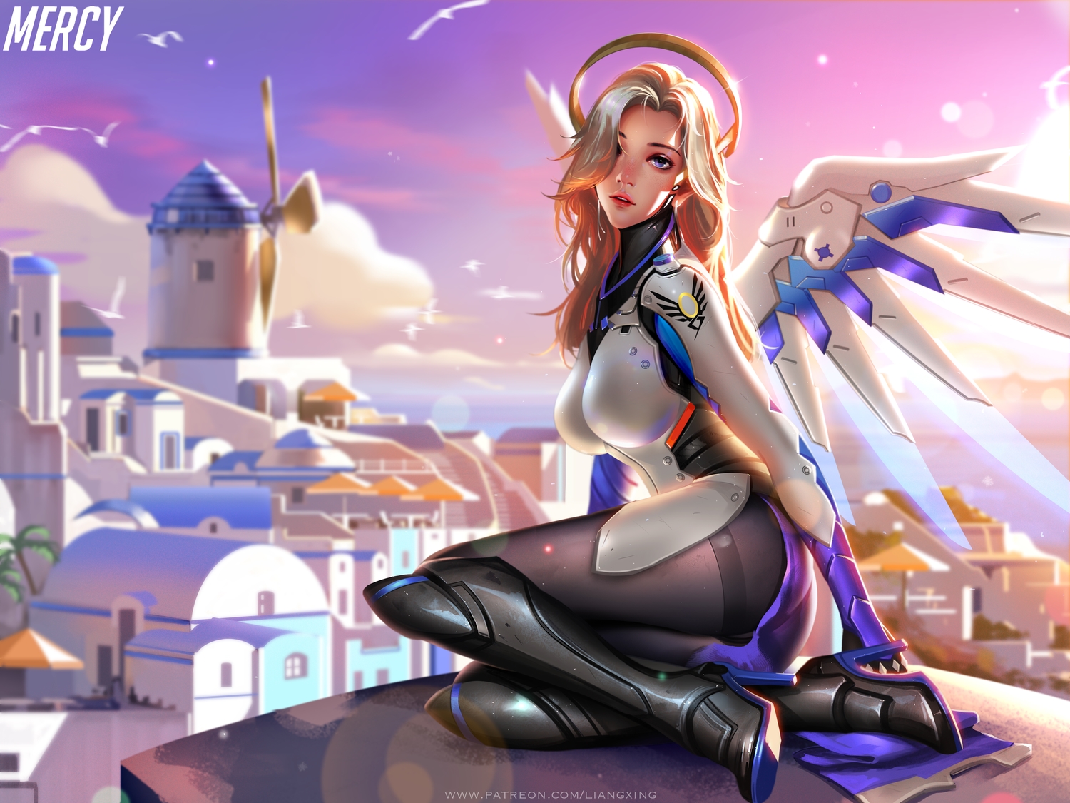 bodysuit, breasts, building, city, clouds, halo, liang_xing, long_hair, mercy_(overwatch), overwatch, realistic, sky, watermark, wings