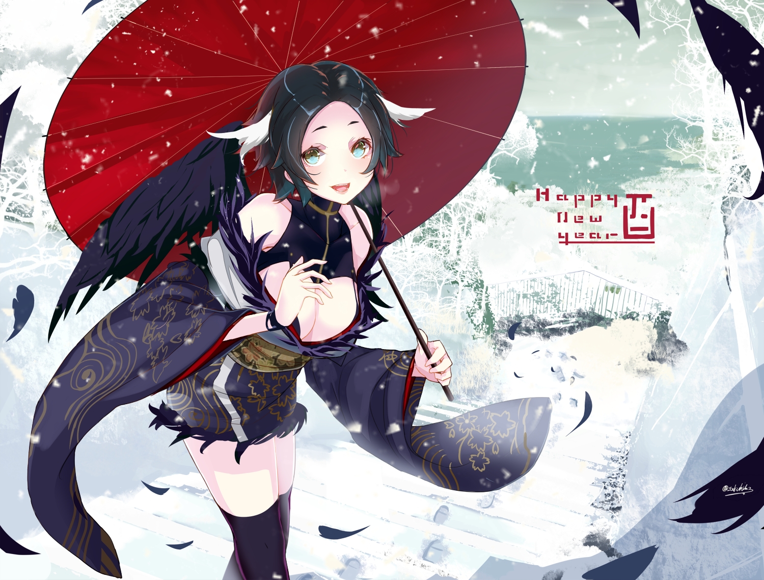 aqua_eyes, black_hair, breasts, cleavage, feathers, japanese_clothes, original, sakuhiko, short_hair, signed, snow, stairs, thighhighs, umbrella, wings, winter