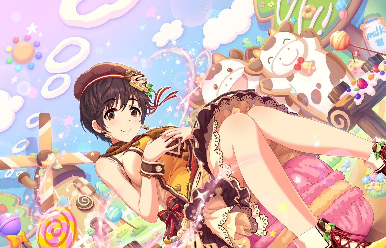 annin_doufu, bow, breasts, brown_eyes, brown_hair, candy, hat, idolmaster