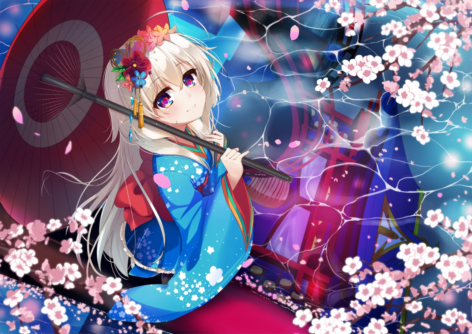 blonde_hair, cherry_blossoms, flowers, japanese_clothes, kyona_(konakona), long_hair, original, petals, umbrella