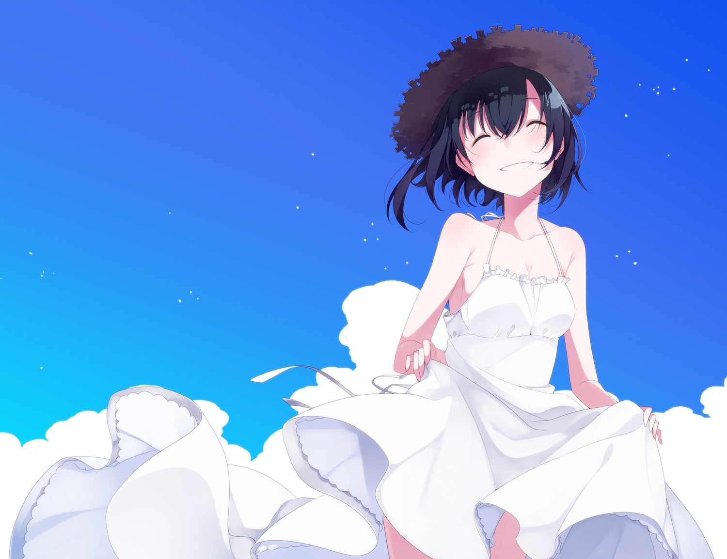 black_hair, clouds, dress, hat, original, short_hair, skirt_lift, sky, summer_dress, umiko_(munemiu)