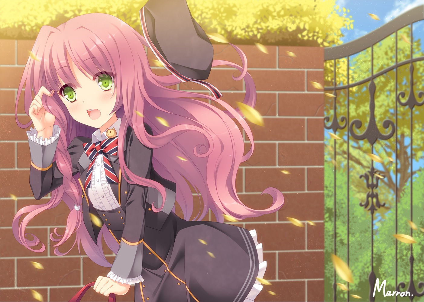 blush, bow, clouds, green_eyes, long_hair, maron_(1212ama), petals, pink_hair