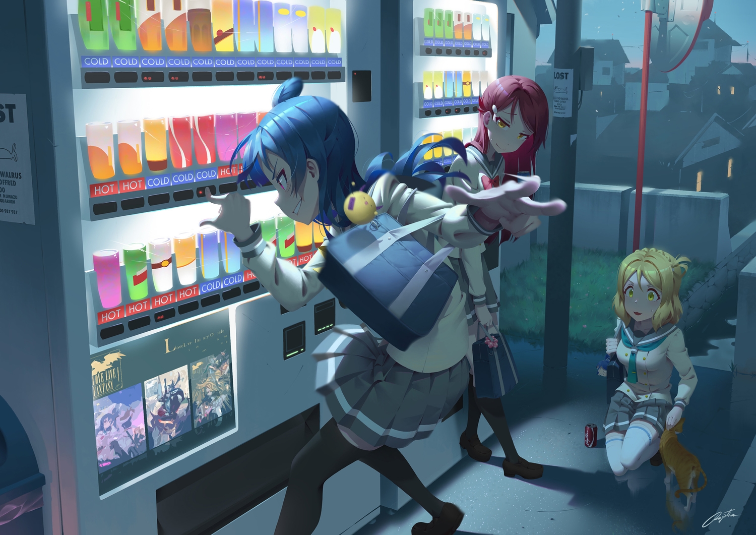 animal, blonde_hair, blue_hair, bow, braids, cat, drink, jpeg_artifacts