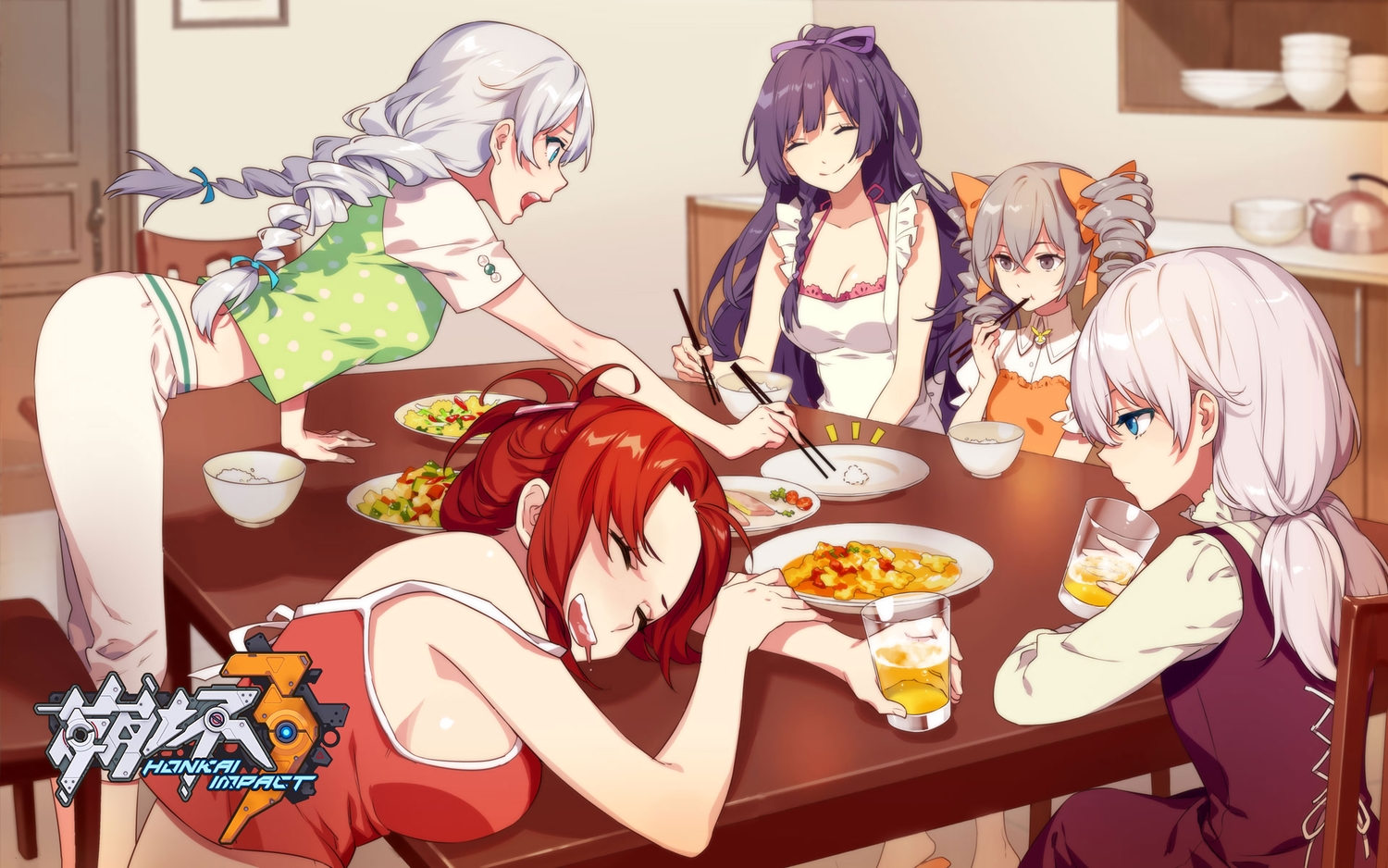 apron, aqua_eyes, breasts, bronya_zaychik, drink, food, gray_eyes, gray_hair