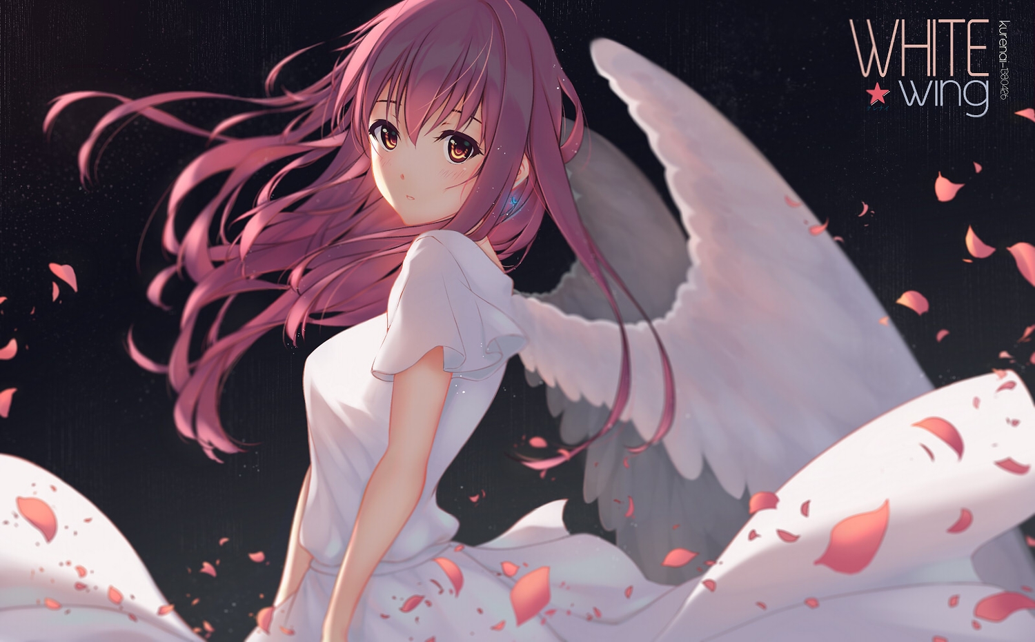 blush, brown_eyes, kurenaiz, long_hair, original, petals, pink_hair, skirt, watermark, wings