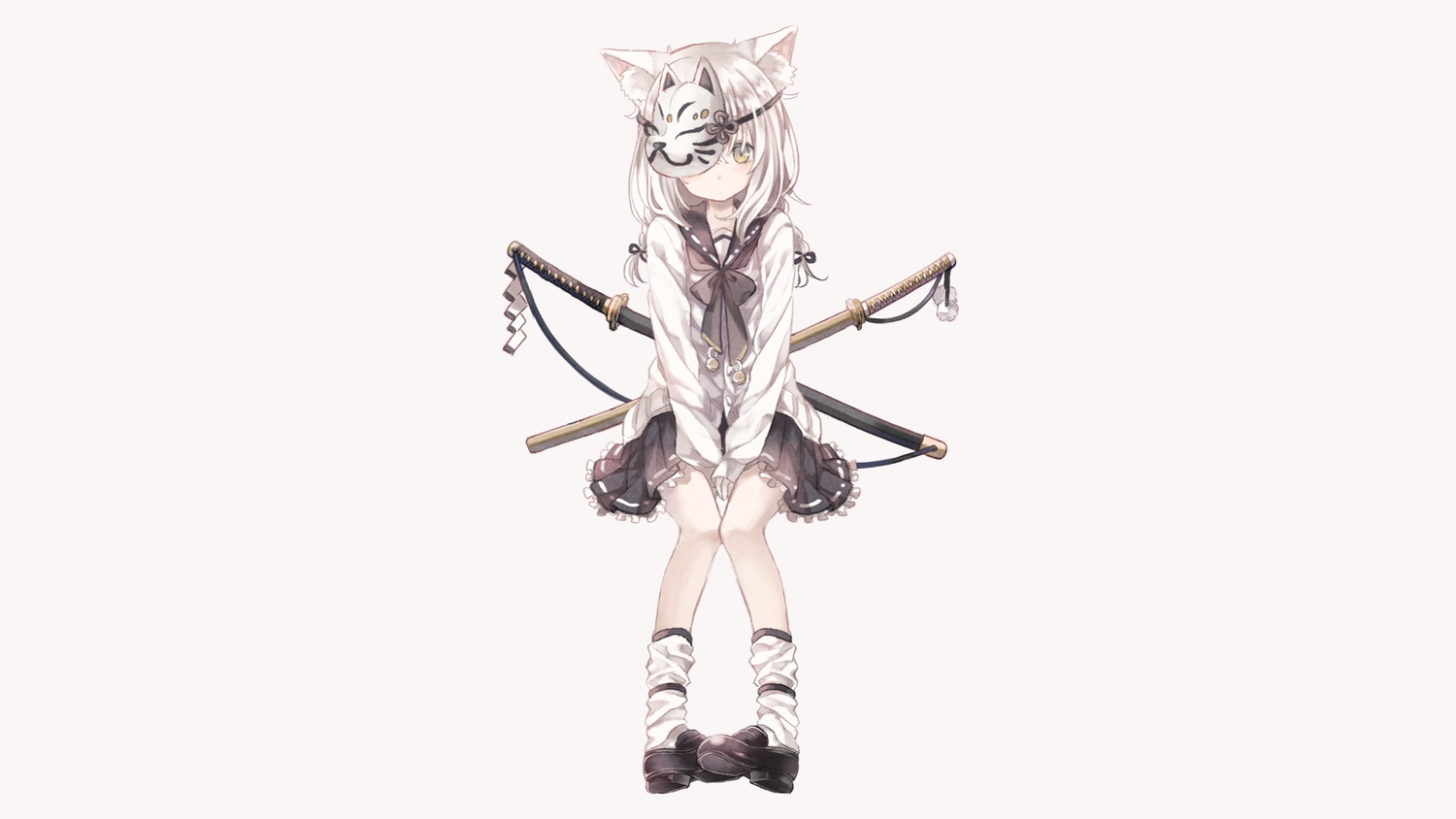 animal_ears, braids, gray_hair, katana, long_hair, mask, original, oro_ponzu, ribbons, school_uniform, skirt, sword, third-party_edit, weapon, yellow_eyes