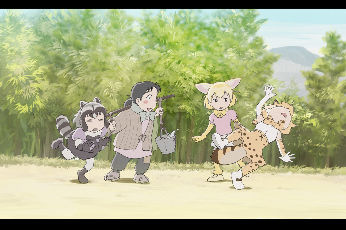 animal_ears, anthropomorphism, black_hair, blonde_hair, boots, bow, catgirl, common_raccoon_(kemono_friends)