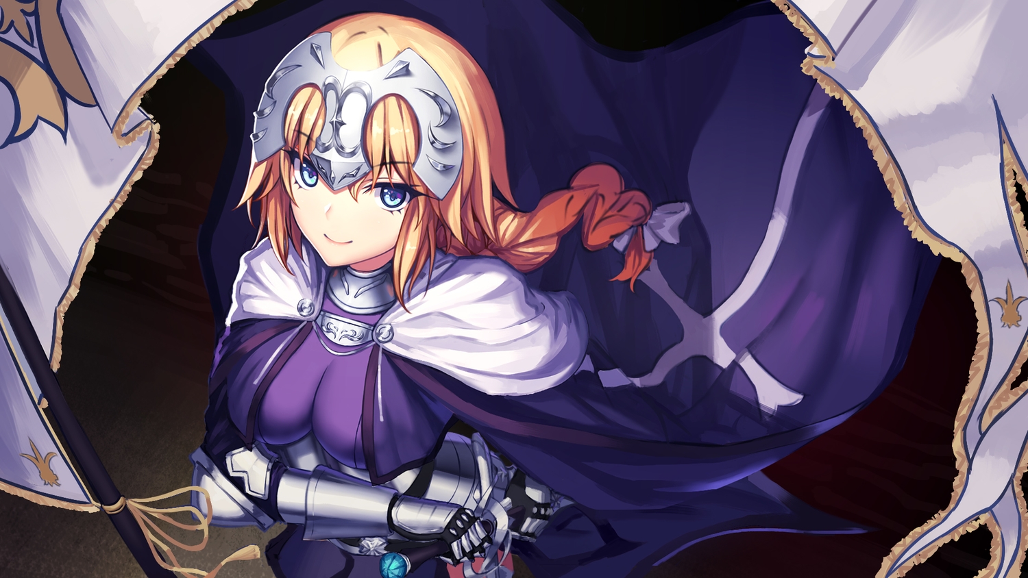 aqua_eyes, armor, blonde_hair, bow, breasts, cape, elbow_gloves, fate/apocrypha, fate_(series), gloves, headdress, jeanne_d'arc_(fate), long_hair, sanbaisoku_ikaros