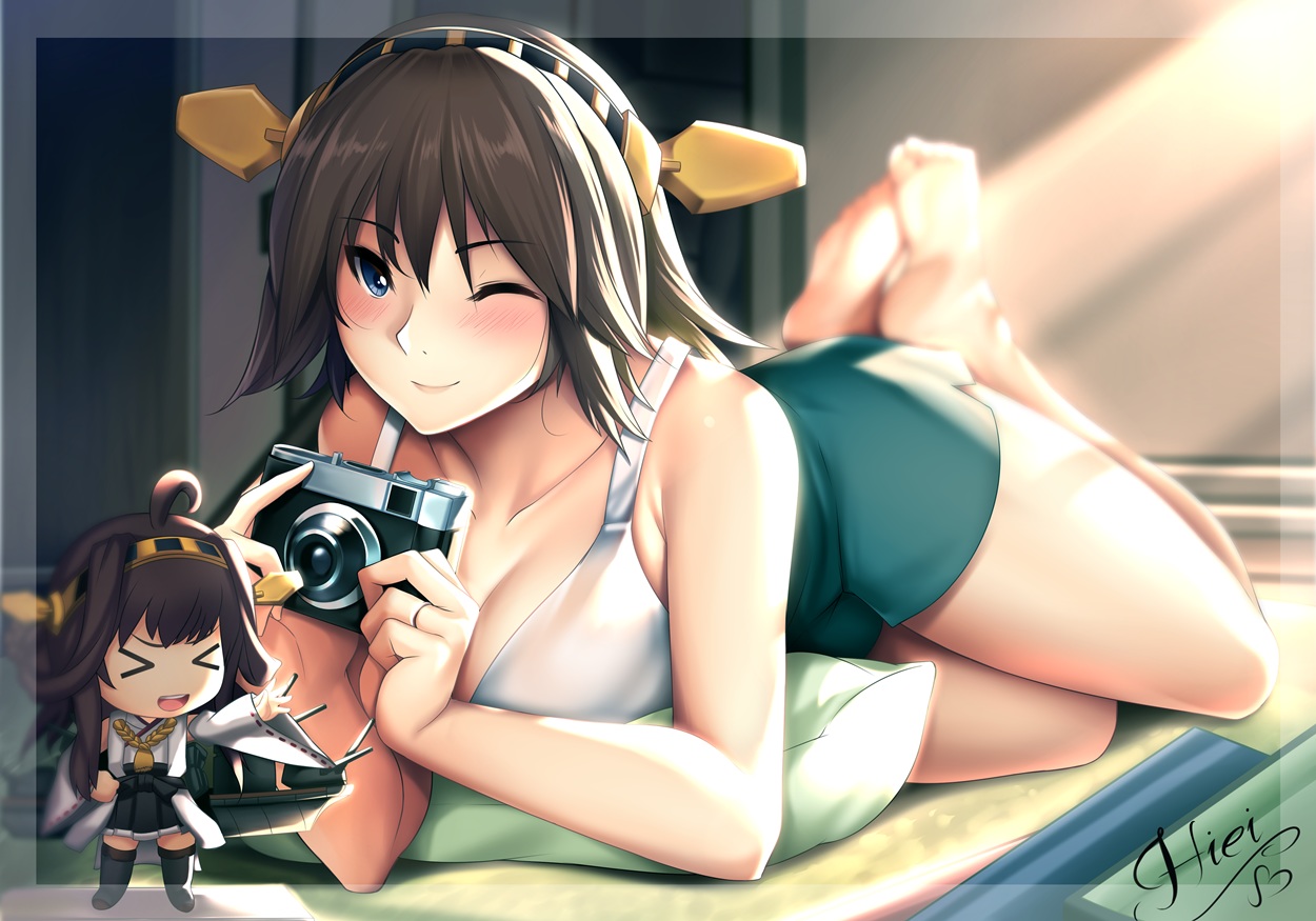 anthropomorphism, barefoot, blue_eyes, blush, breasts, brown_hair, camera, headband
