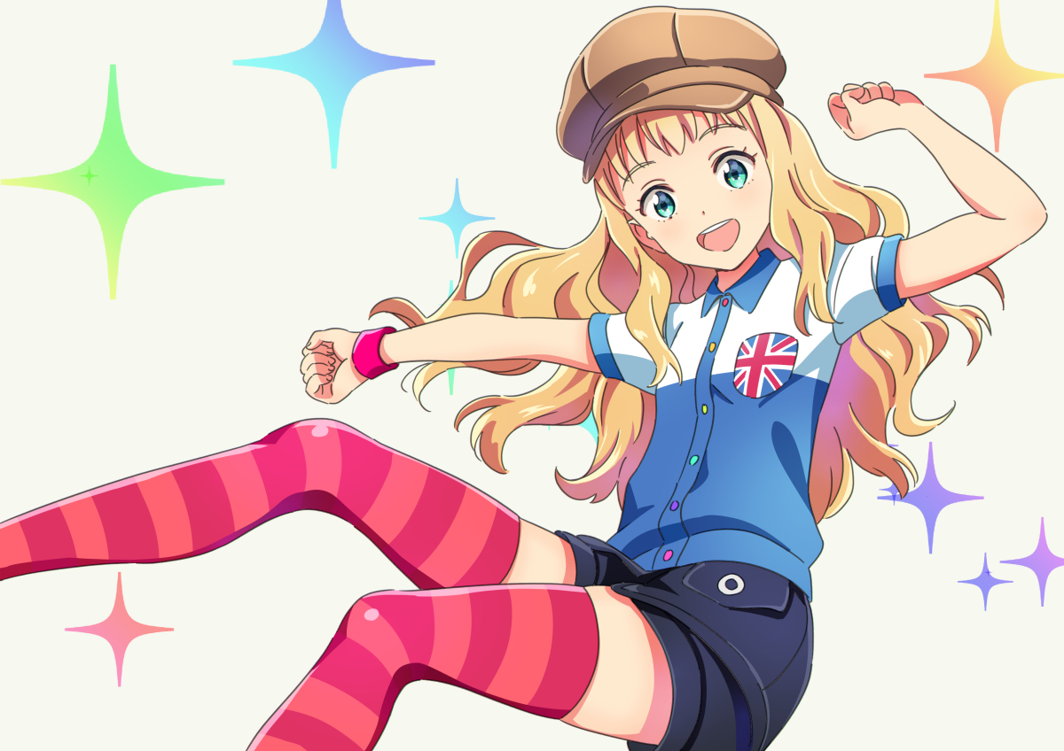 blonde_hair, green_eyes, hat, katou_akatsuki, long_hair, original, shorts, thighhighs