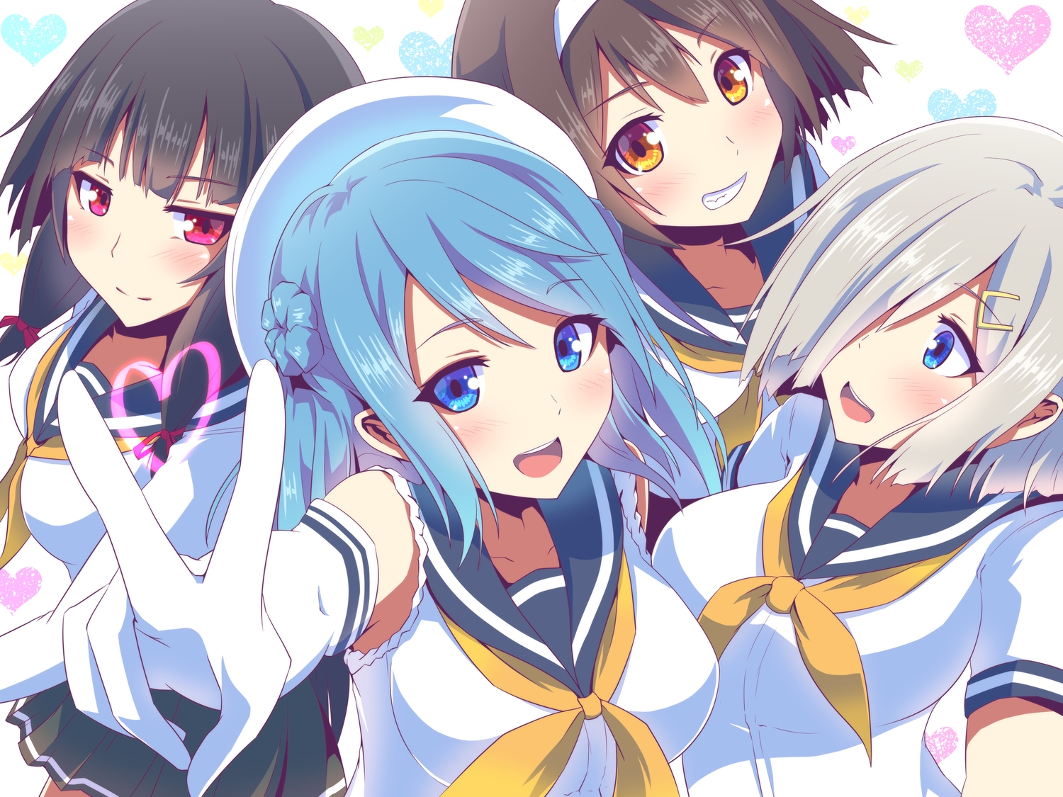 anthropomorphism, aqua_eyes, aqua_hair, black_hair, blush, breasts, brown_hair, elbow_gloves