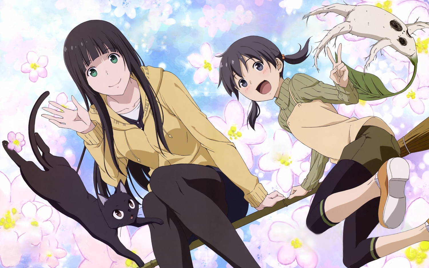 2girls, animal, cat, chito_(flying_witch), flying_witch, kowata_makoto, kuramoto_chinatsu, loli