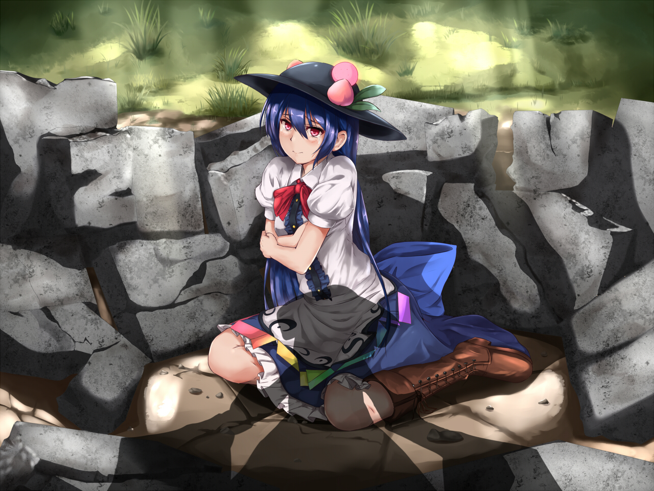 blue_hair, boots, bow, butter_curry, dress, flowers, hat, hinanawi_tenshi