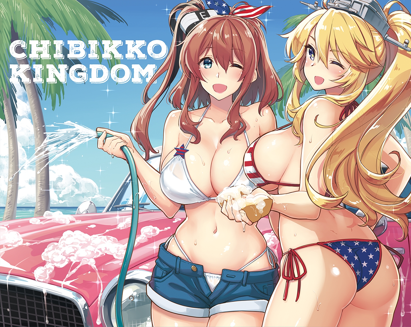 2girls, animal, anthropomorphism, aqua_eyes, ass, bikini, blonde_hair, breasts, brown_hair, car, clouds, iowa_(kancolle), kantai_collection, kekocha, long_hair, navel, ponytail, shorts, sideboob, sky, swimsuit, tree, uss_saratoga_(cv-3), water, wet, wink