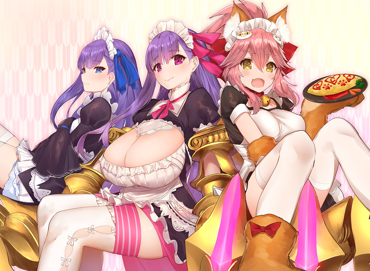 animal_ears, apron, aqua_eyes, bell, bow, breasts, cleavage, collar