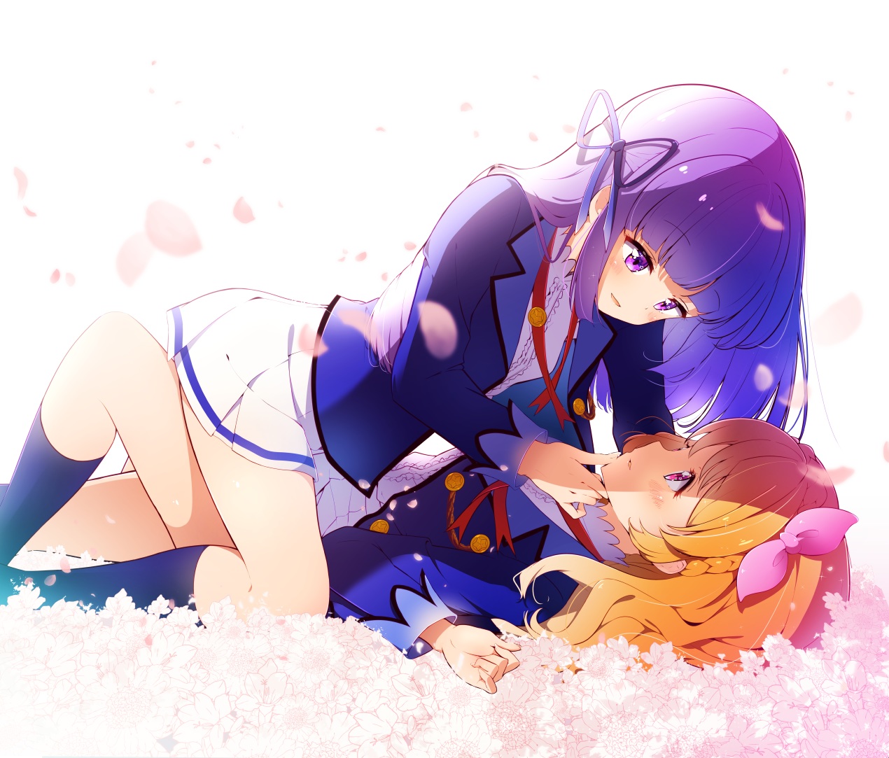 2girls, aikatsu!, blush, bokkun_(koukii), bow, flowers, hikami_sumire, kneehighs