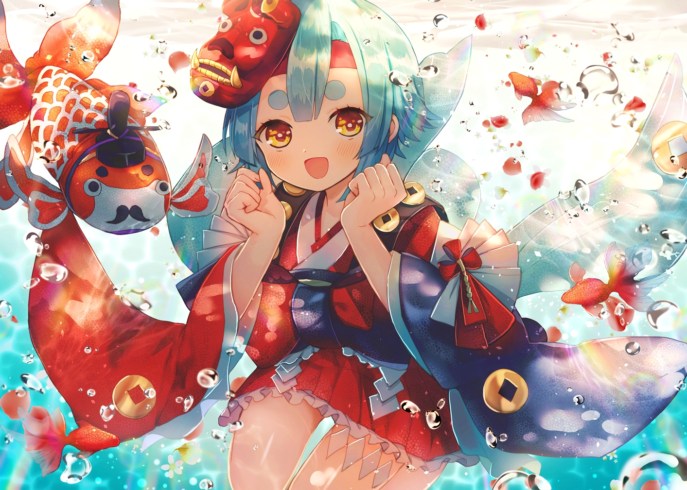 abandon_ranka, animal, aqua_hair, blush, bubbles, fish, japanese_clothes, kingyohime_(onmyouji), loli, onmyouji, short_hair, underwater, water, yellow_eyes