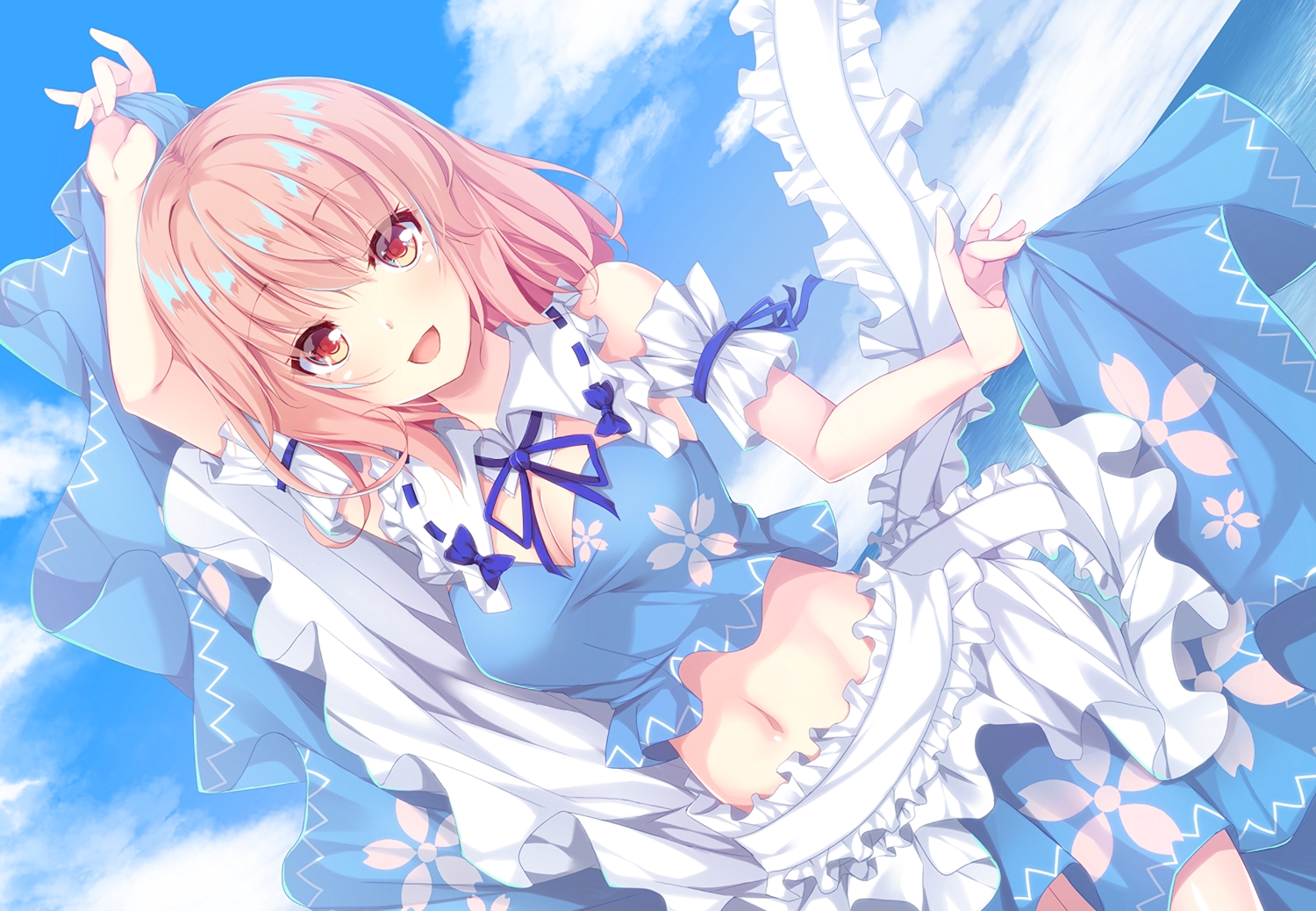 breasts, cleavage, clouds, merukiarisu, navel, pink_hair, saigyouji_yuyuko, short_hair, skirt, sky, touhou