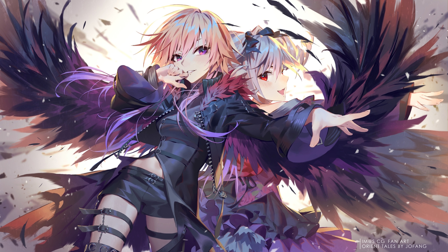 2girls, chain, feathers, gray_hair, idolmaster, idolmaster_cinderella_girls, jofang, kanzaki_ranko