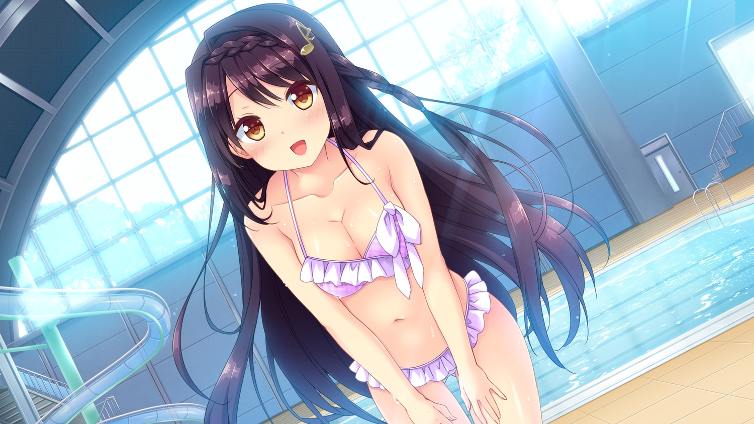 bekotarou, bikini, blush, breasts, brown_eyes, cleavage, game_cg, long_hair, navel, pool, pulltop, pure_song_garden!, purple_hair, shimokuni_asuka, skirt, swimsuit, water, wet