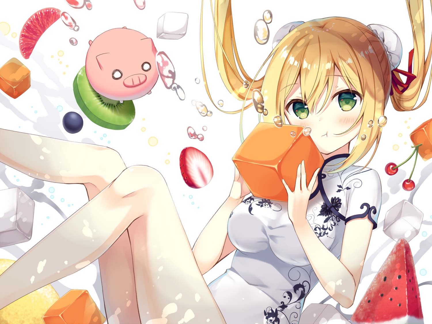 anzu_(sumisaki_yuzuna), blonde_hair, blush, breasts, bubbles, cherry, chinese_clothes, chinese_dress