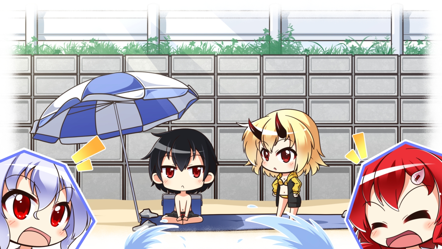 black_hair, blonde_hair, bow, busoushinkimms, chibi, group, horns, male, original, red_eyes, red_hair, short_hair, shorts, umbrella