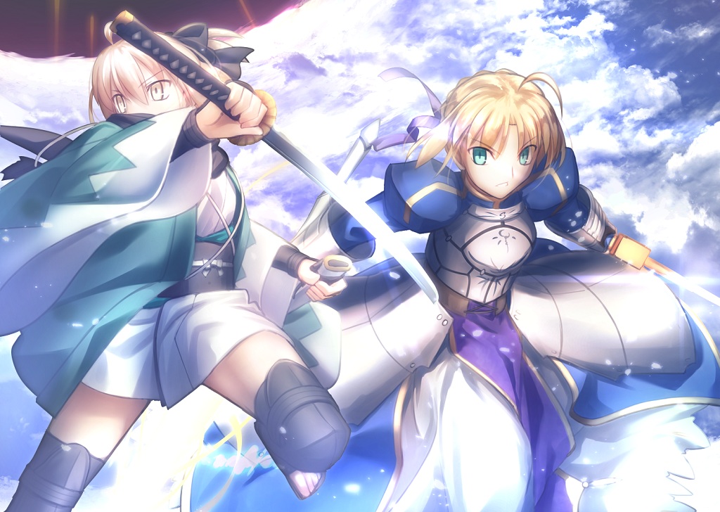 armor, artoria_pendragon_(all), blonde_hair, boots, bow, clouds, dress, fate/grand_order, fate_(series), green_eyes, japanese_clothes, katana, migiha, okita_souji_(fate), saber, short_hair, sky, sword, weapon, yellow_eyes, zettai_ryouiki