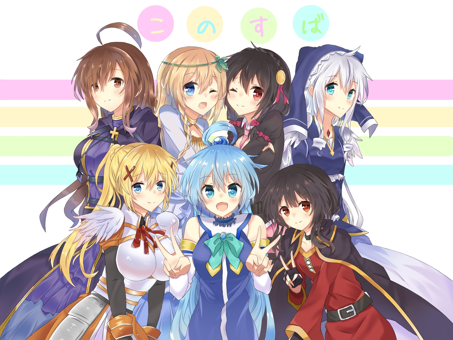aqua_eyes, aqua_hair, aqua_(konosuba), armor, black_hair, blonde_hair, blush, braids