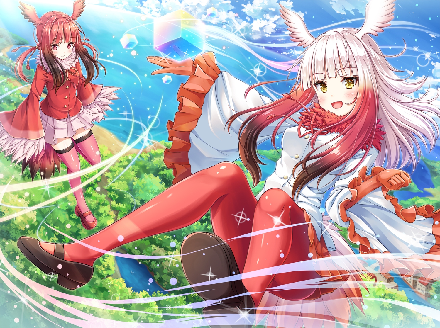 akashio_(loli_ace), anthropomorphism, blush, clouds, crested_ibis_(kemono_friends), elbow_gloves, gloves, gray_hair, kemono_friends, long_hair, pantyhose, pink_eyes, red_eyes, scarlet_ibis_(kemono_friends), sky, thighhighs, water, wings, yellow_eyes