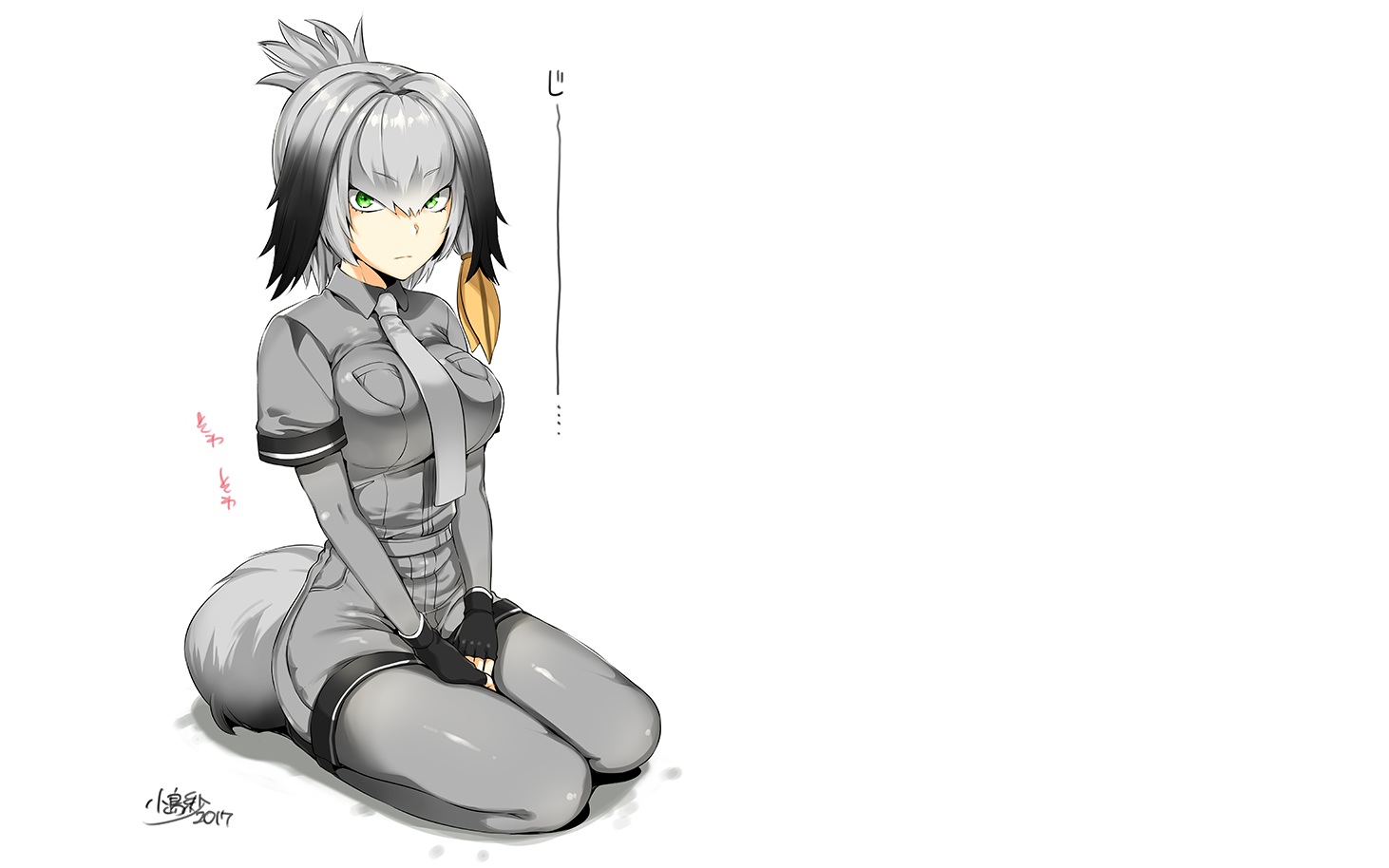 anthropomorphism, breasts, gloves, gray_hair, green_eyes, kemono_friends, kojima_saya, pantyhose, shoebill_(kemono_friends), short_hair, signed, tail, tie, white