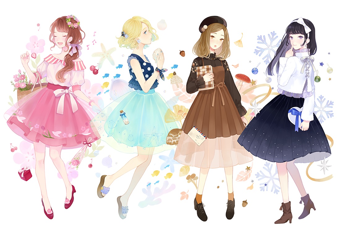 aqua_eyes, black_hair, blonde_hair, book, bow, brown_eyes, brown_hair, cherry, dress, flowers, food, fruit, group, headband, long_hair, original, ponytail, purple_eyes, ribbons, seuga, short_hair, skirt, wristwear