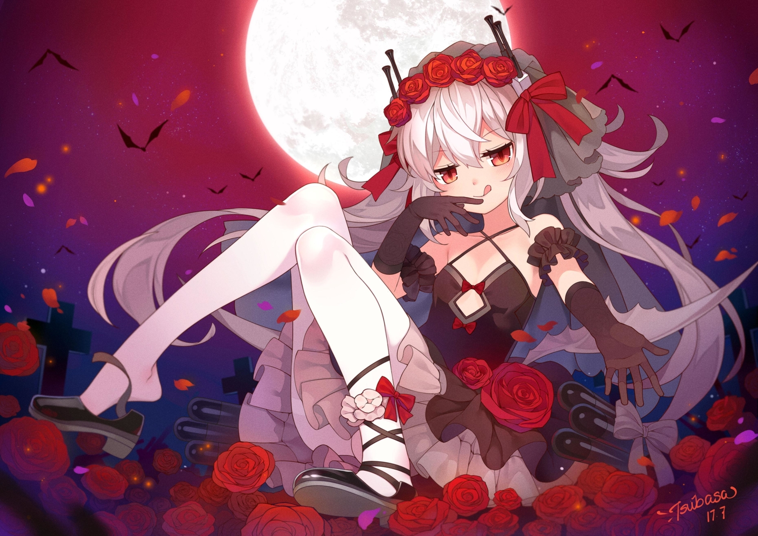 animal, anthropomorphism, azur_lane, bat, cross, dress, elbow_gloves, flowers