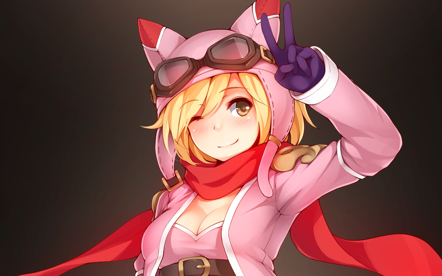 animal_ears, blonde_hair, blush, breasts, brown_eyes, cropped, djeeta_(granblue_fantasy), gloves, granblue_fantasy, ricegnat, scarf, short_hair, wink