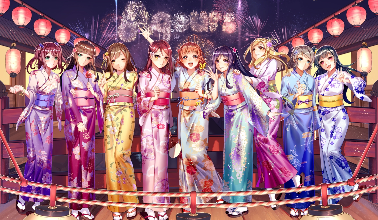 aqua_eyes, black_hair, blonde_hair, bow, braids, brown_hair, festival, fireworks