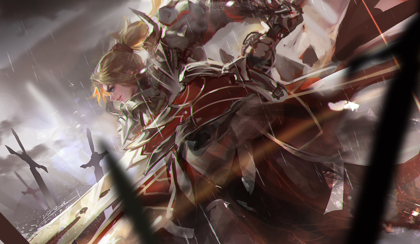 armor, blonde_hair, fate/apocrypha, fate_(series), green_eyes, kang_kang_zi, mordred, ponytail