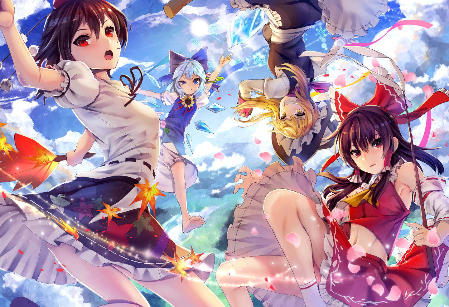 apron, aqua_hair, autumn, barefoot, blonde_hair, blue_eyes, bow, brown_hair