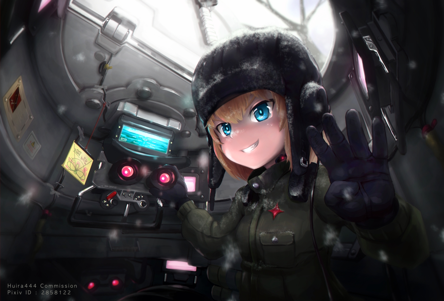 aqua_eyes, blonde_hair, girls_und_panzer, gloves, hat, huira444, katyusha, military, short_hair, uniform, watermark